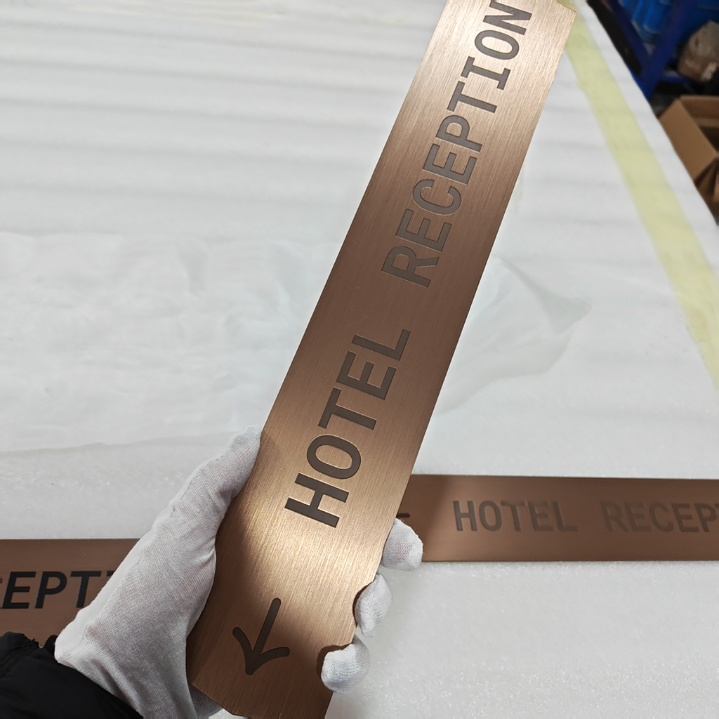 Custom Hotel Reception Wall Signage Interior Brushed Rose Gold Stainless Steel Engraved Plate Signs