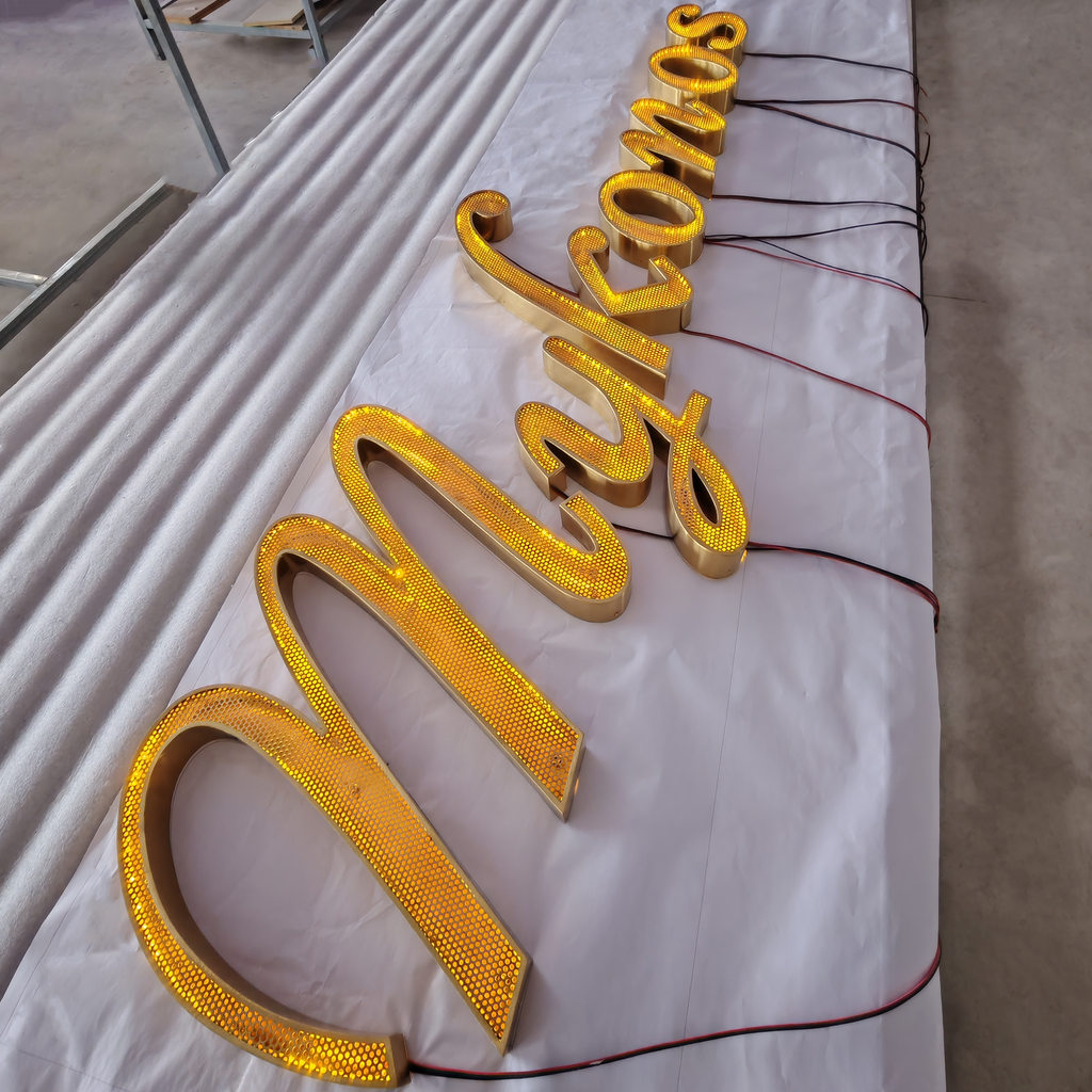 Custom shop front led signboard gold brushed stainless steel frontlit channel letters with flowing leds