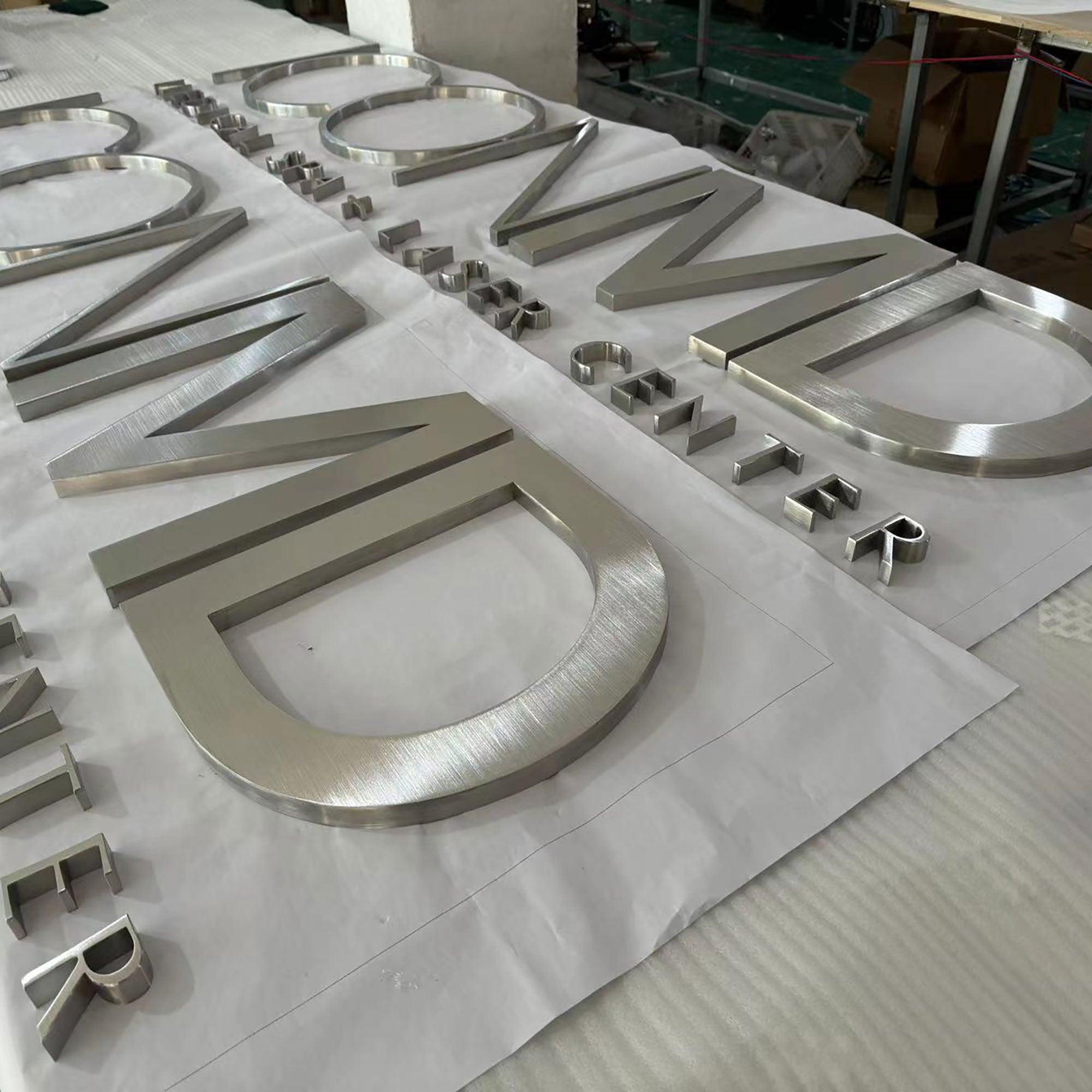 Business wall sign silver brushed laser cut stainless steel channel letters signage