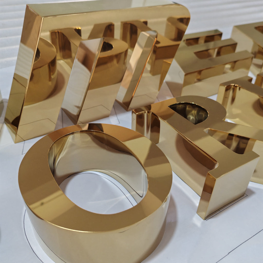 Commercial custom signs gold 3d channel letters with mirror finish luxury shop wall signs