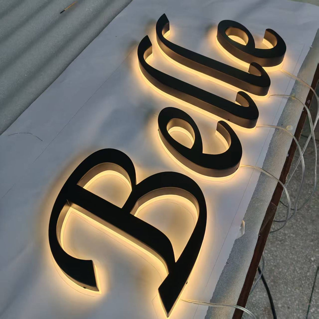 Commercial custom led signs black painted stainless steel backlit channel letters shop outdoor led signs