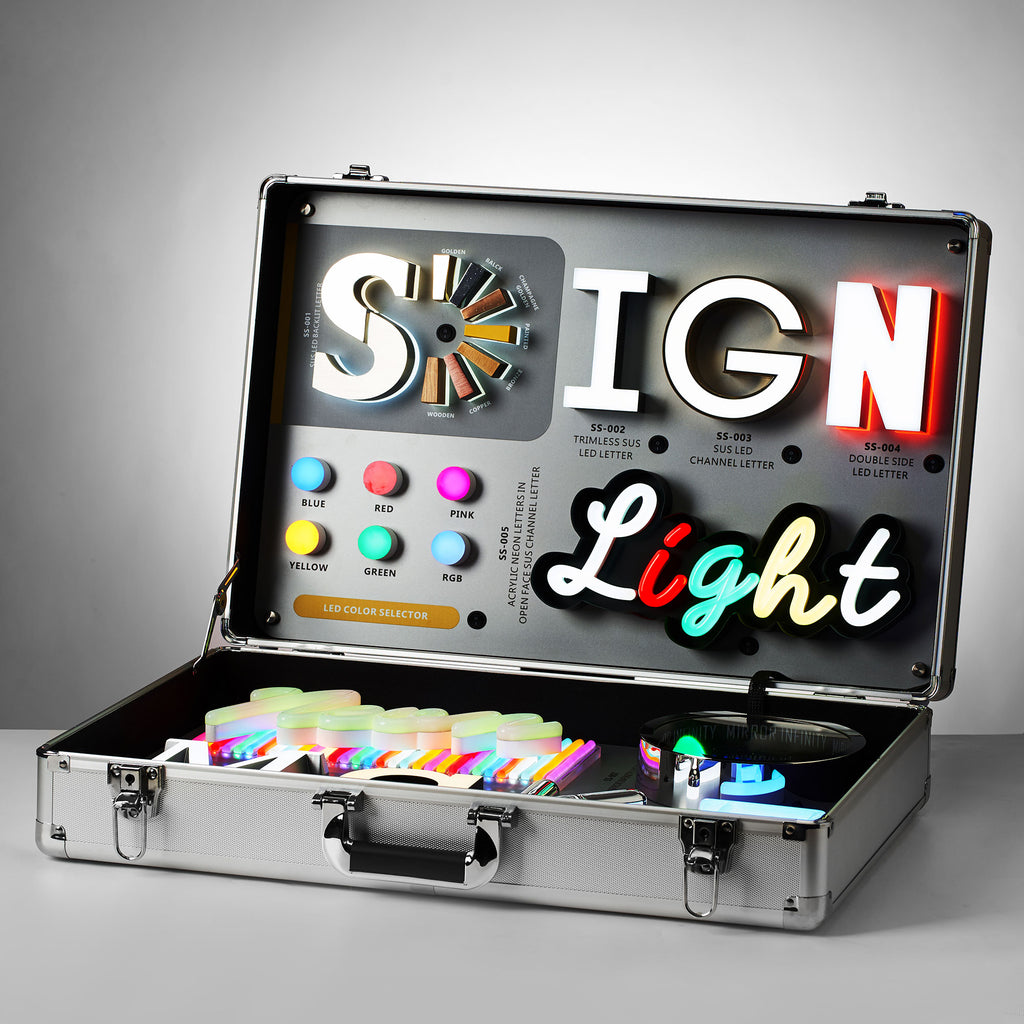 Custom sample box led illuminated business sample kit metal channel letters acrylic neon signs for sale