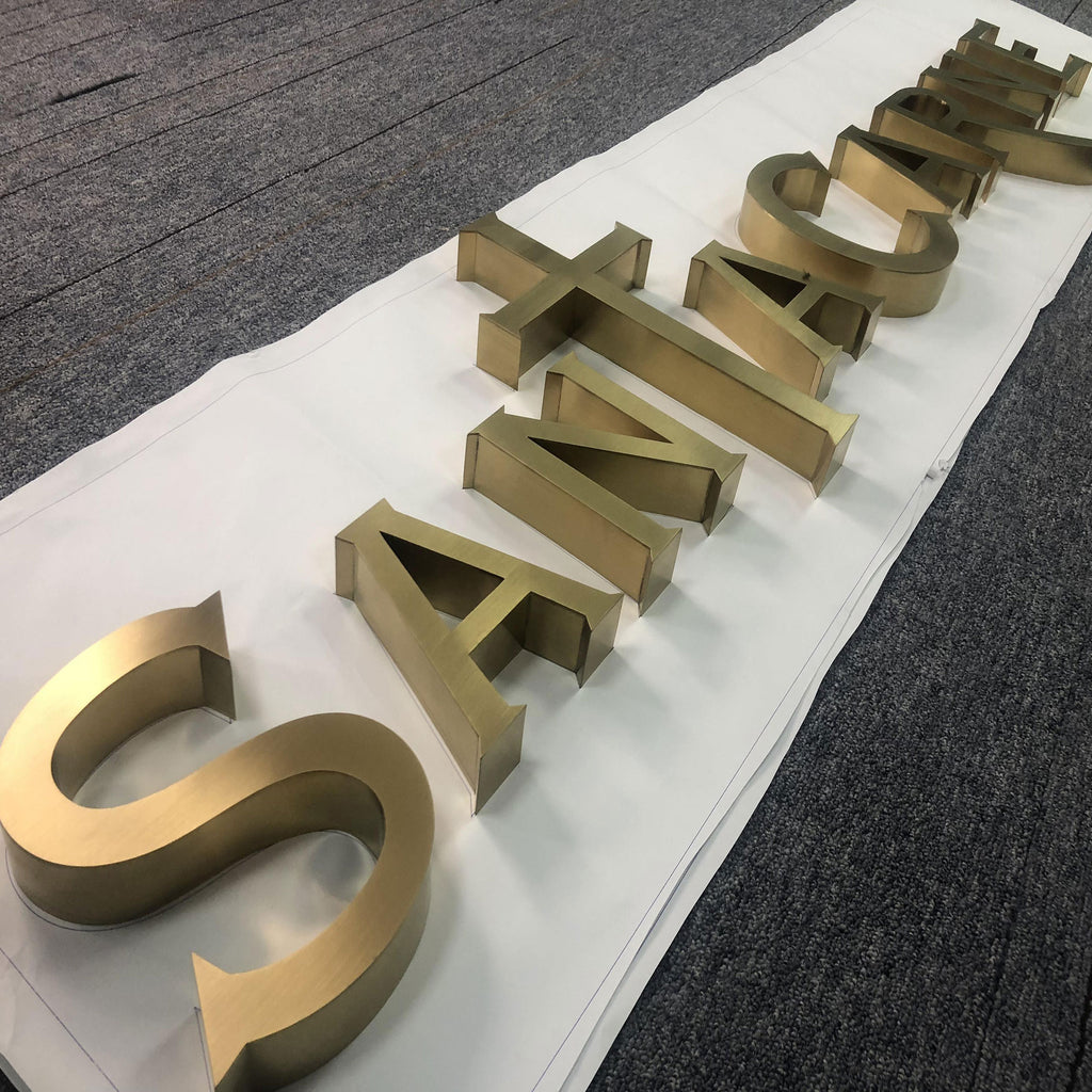 Custom decorative brushed brass finish metal letters sign laser cut 3D logo gold channel letters for wall logo