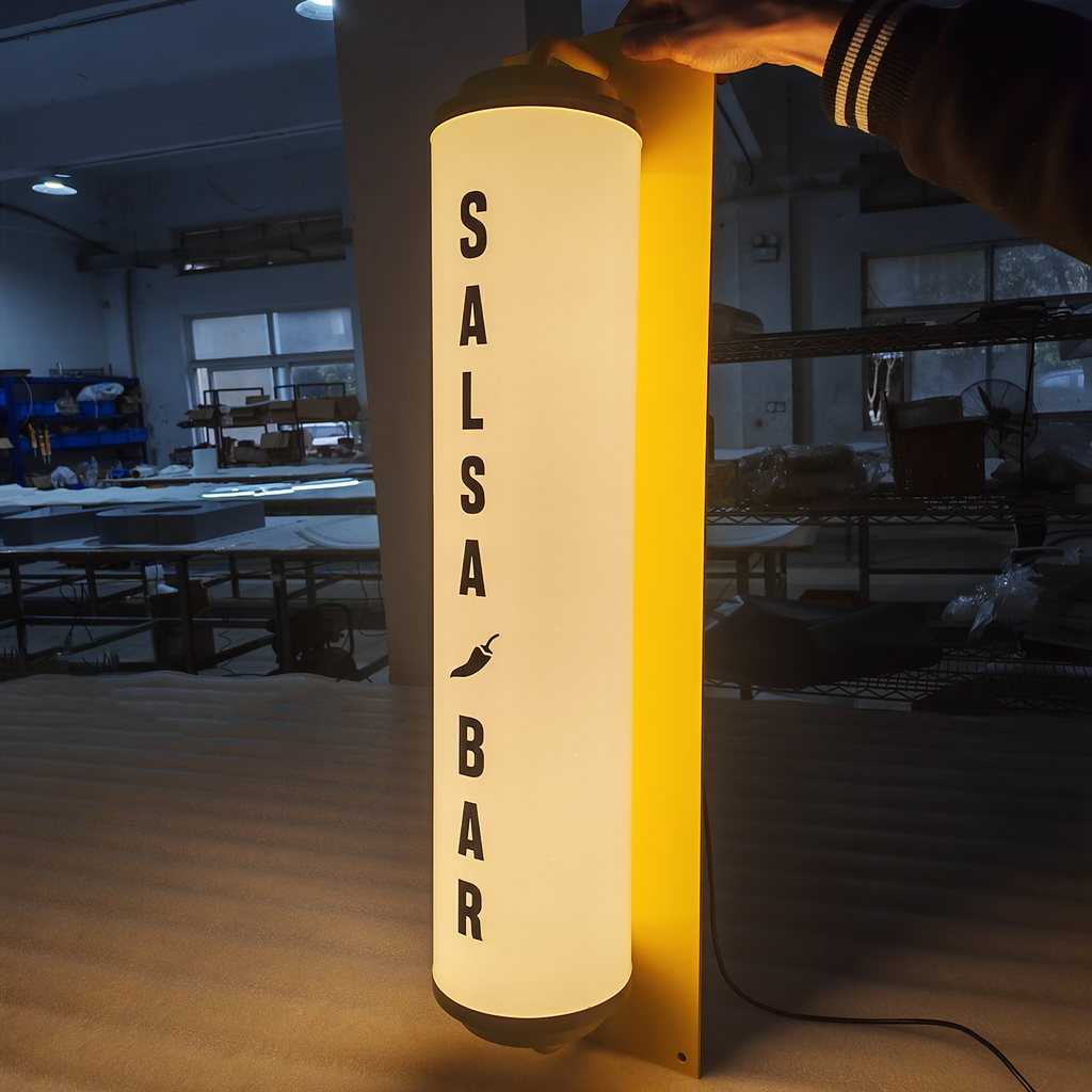 Custom Illuminated Signage Store Door Front Round Tube Light Box Wall Acrylic Full Lit Lightbox