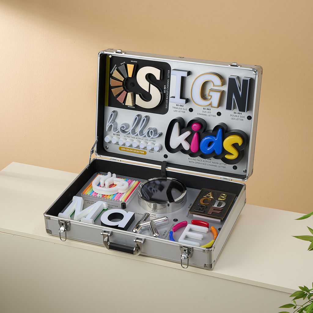 Portable led sample box 3d illuminated letters display business led sample kit box with metal channel letters