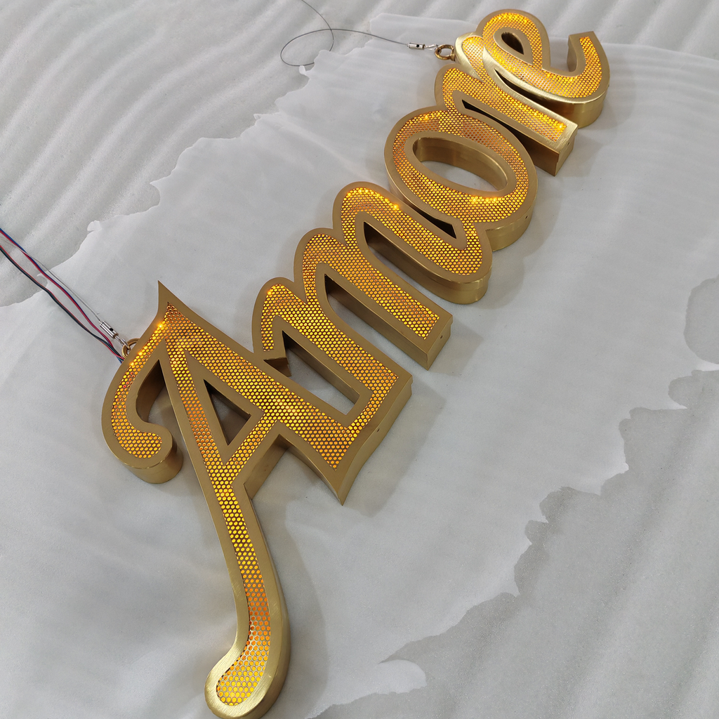 Custom shop front led signboard gold brushed stainless steel frontlit channel letters with flowing leds
