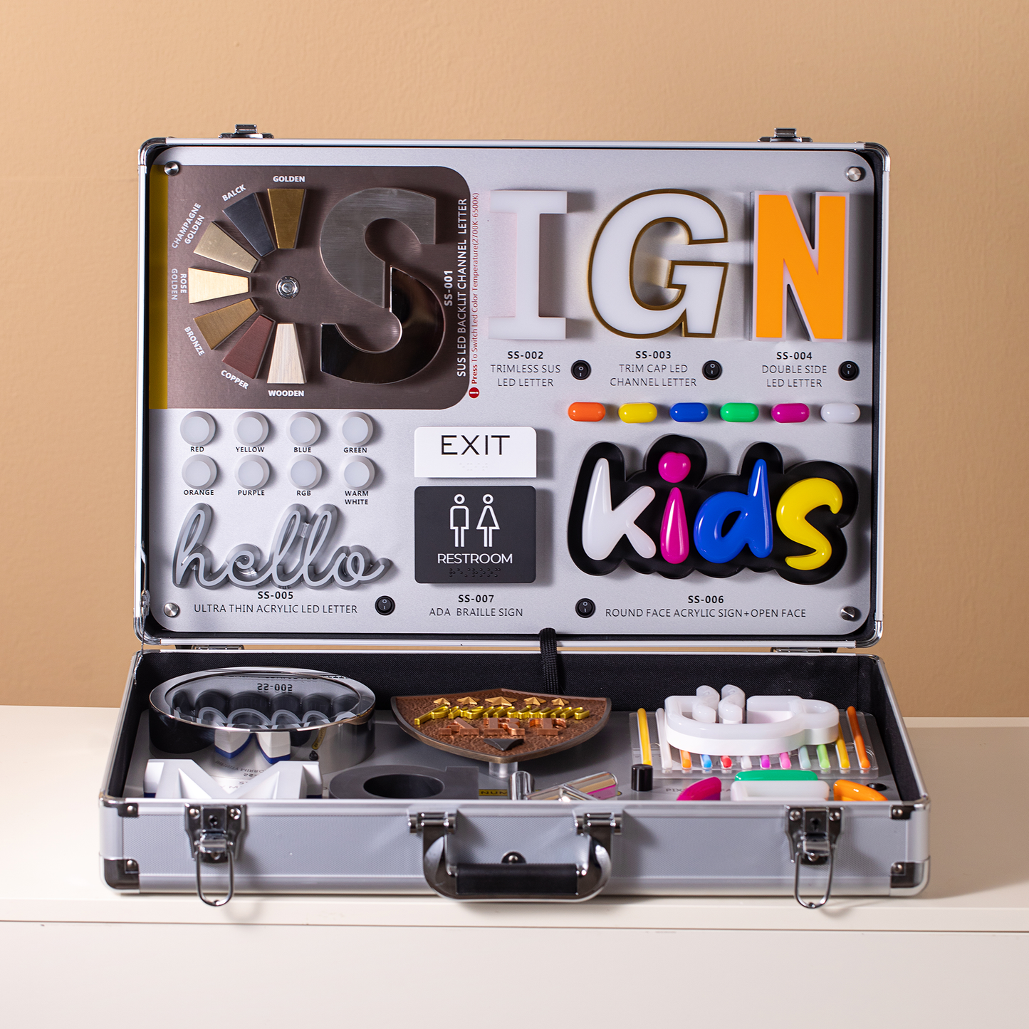 Portable led sample box 3d illuminated letters display business led sample kit box with metal channel letters