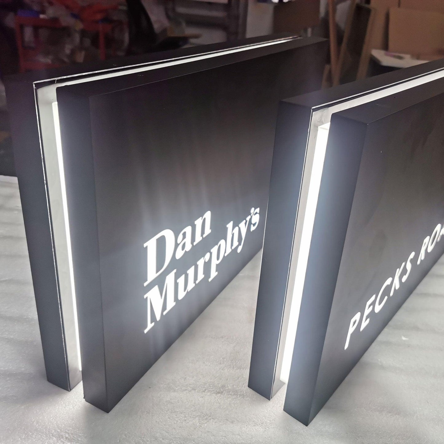 Outdoor store front double sided illuminated rectangle stainless steel led light box wall blade sign