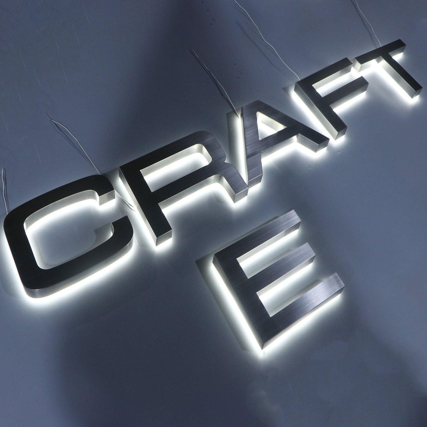 Custom led sign acrylic brushed silver channel letter 3d backlit signage logo reverse lit shopfront sign