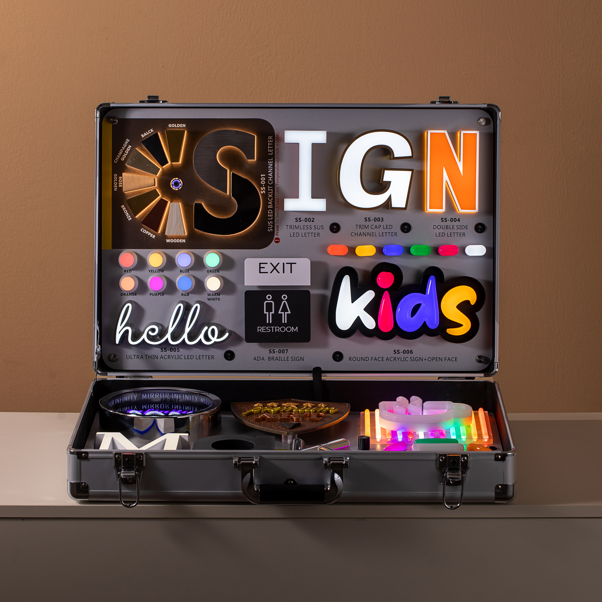 Portable led sample box 3d illuminated letters display business led sample kit box with metal channel letters