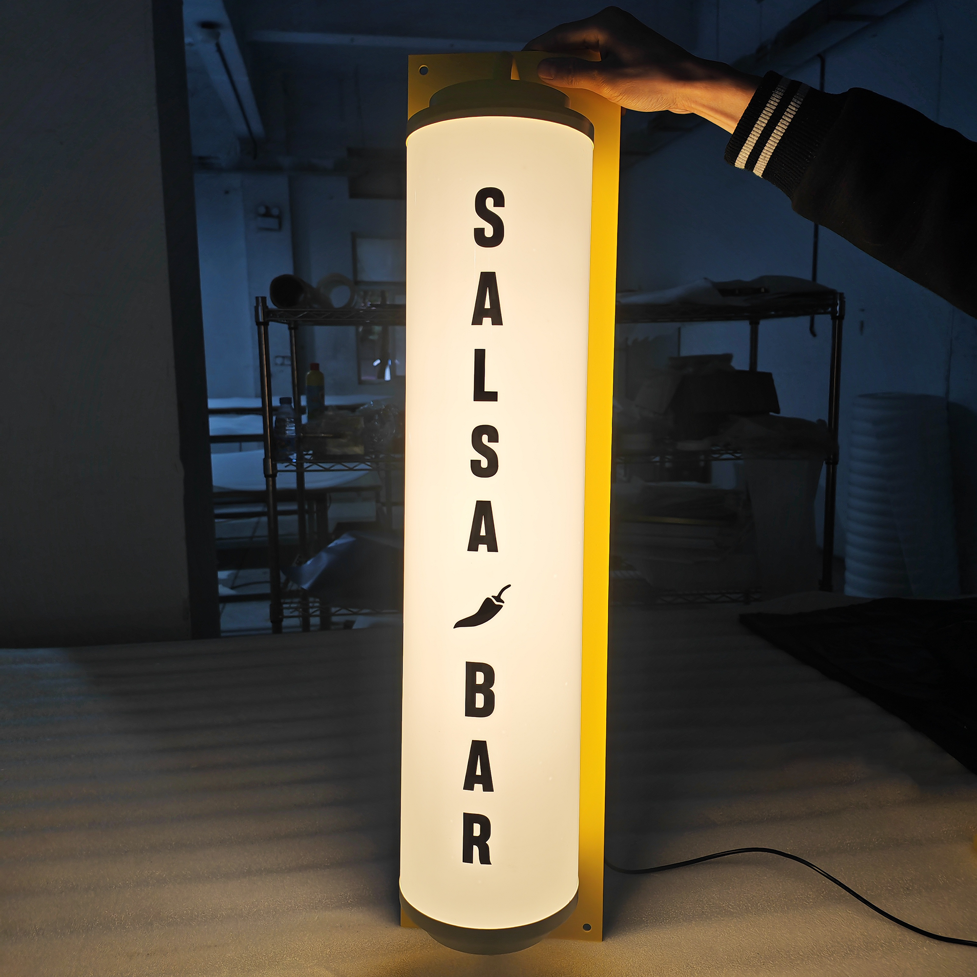 Custom Illuminated Signage Store Door Front Round Tube Light Box Wall Acrylic Full Lit Lightbox
