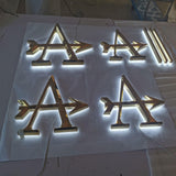 Wholesale factory supplies halo lit acrylic LED letters mirror finish golden stainless steel beveled face letter logo