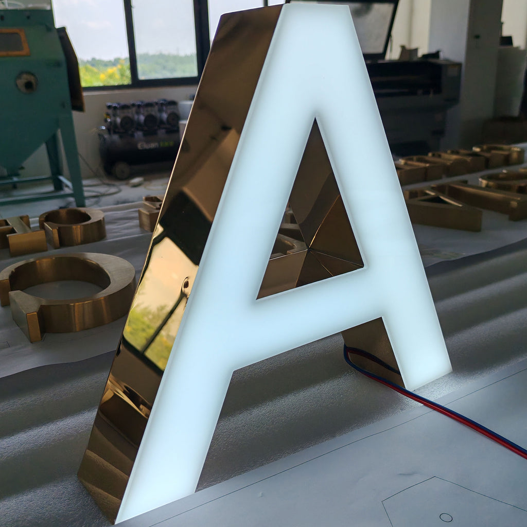 Salon Shop Custom Frontlit Stainless Steel 3D Letters Sign Luxury Shop Mirror Gold Brand Logo Lighted Sign