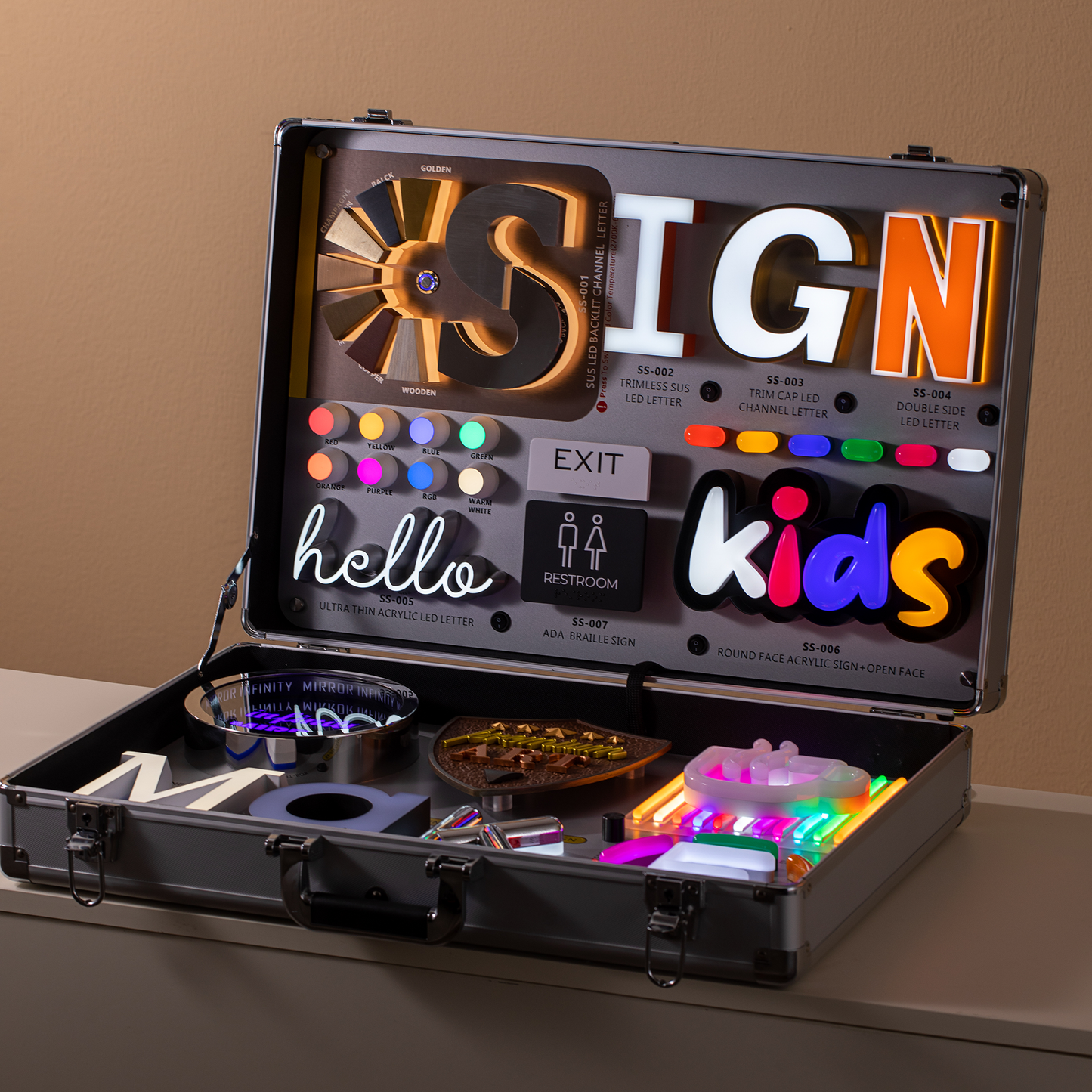 Portable led sample box 3d illuminated letters display business led sample kit box with metal channel letters