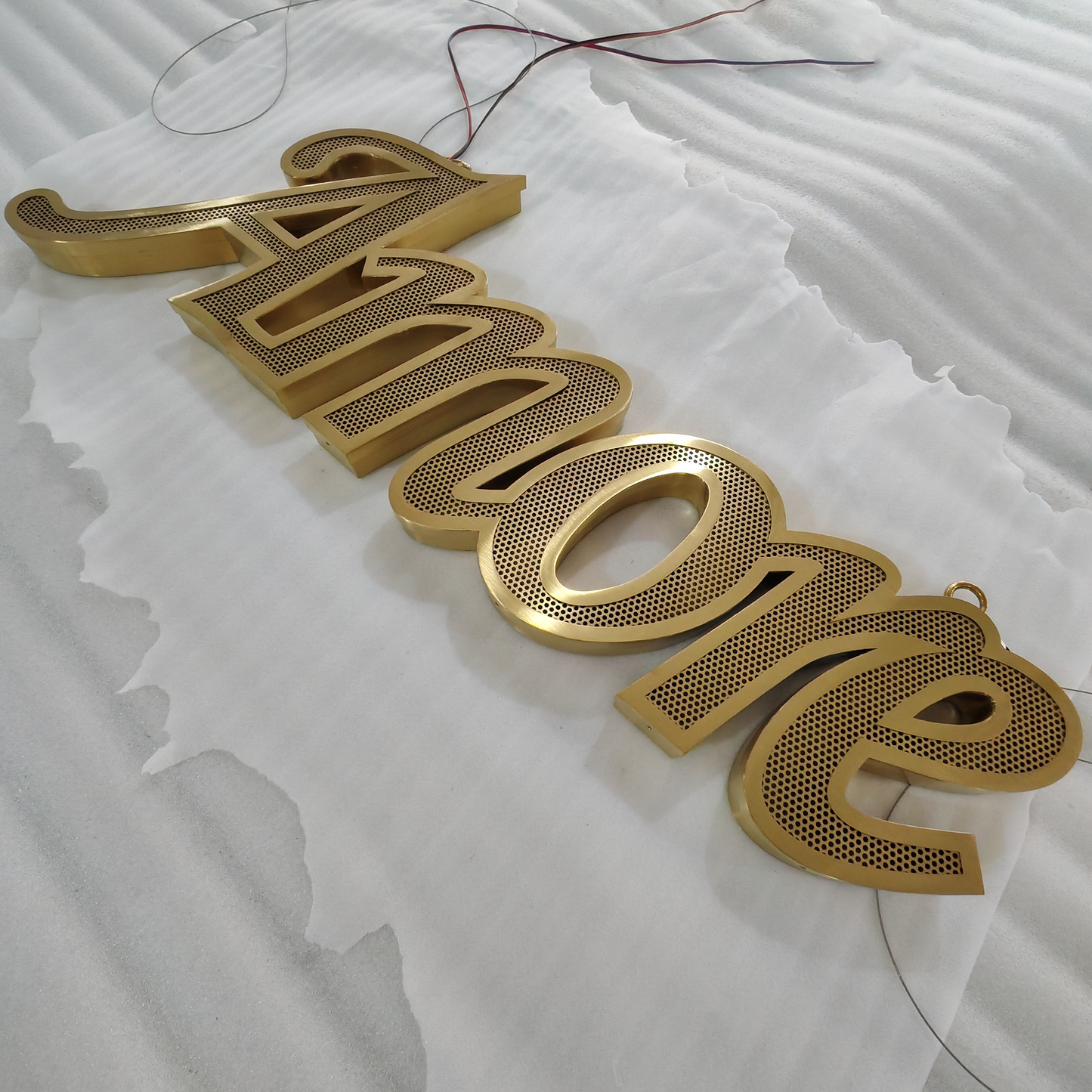 Custom shop front led signboard gold brushed stainless steel frontlit channel letters with flowing leds