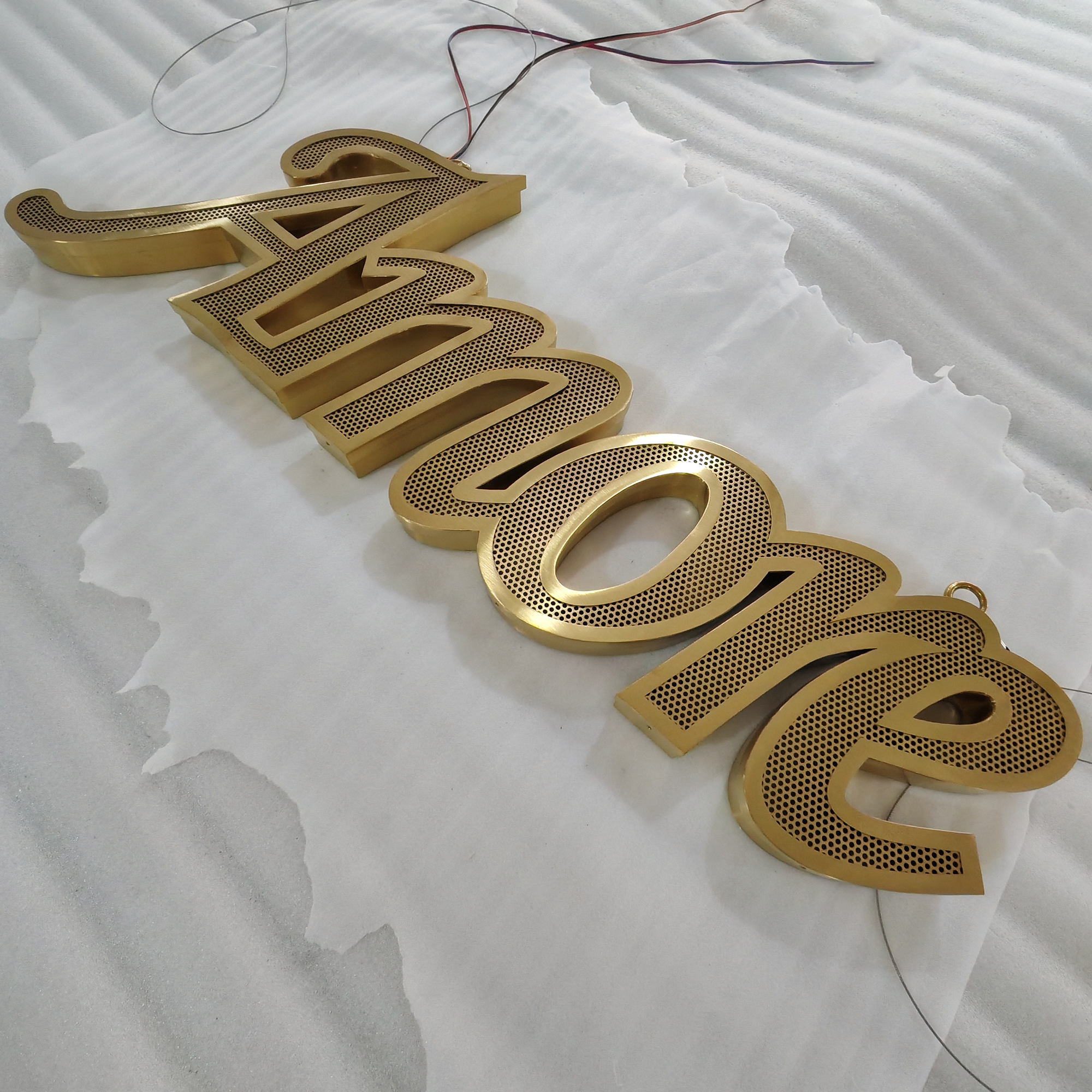 Custom shop front led signboard gold brushed stainless steel frontlit channel letters with flowing leds