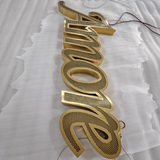 Custom shop front led signboard gold brushed stainless steel frontlit channel letters with flowing leds