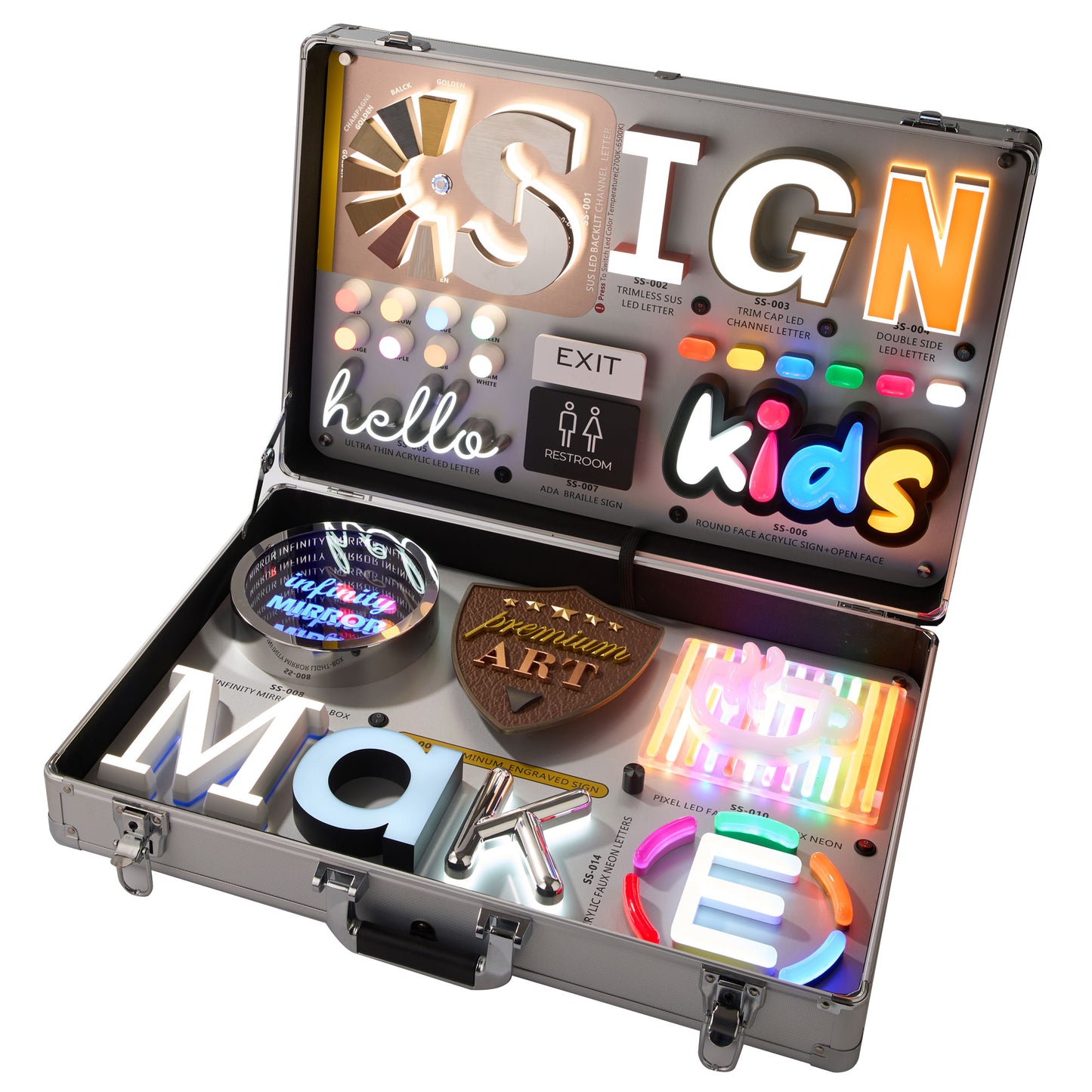 Portable led sample box 3d illuminated letters display business led sample kit box with metal channel letters