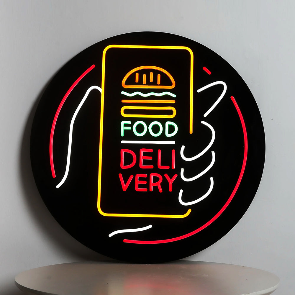 Round led neon board for food delivery
