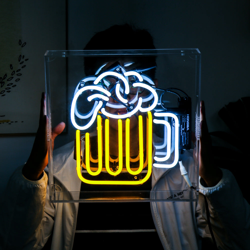 Beer cup neon sign for bar,table standing glass neon tube sign box