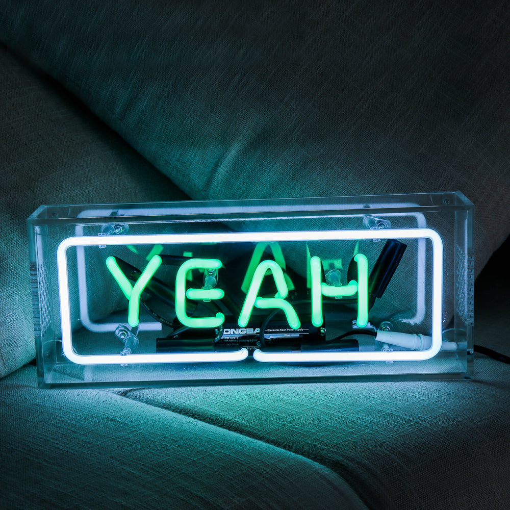 "YEAH" neon sign with green lighting,table standing glass neon tube sign box